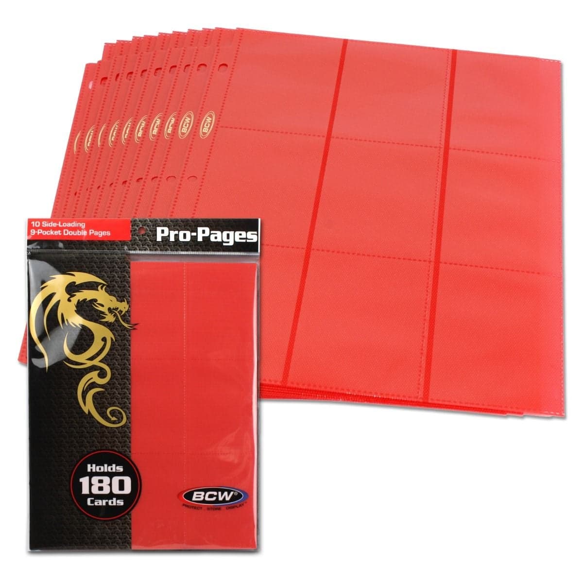 Pack of BCW red 18-pocket pages over spread of several pages