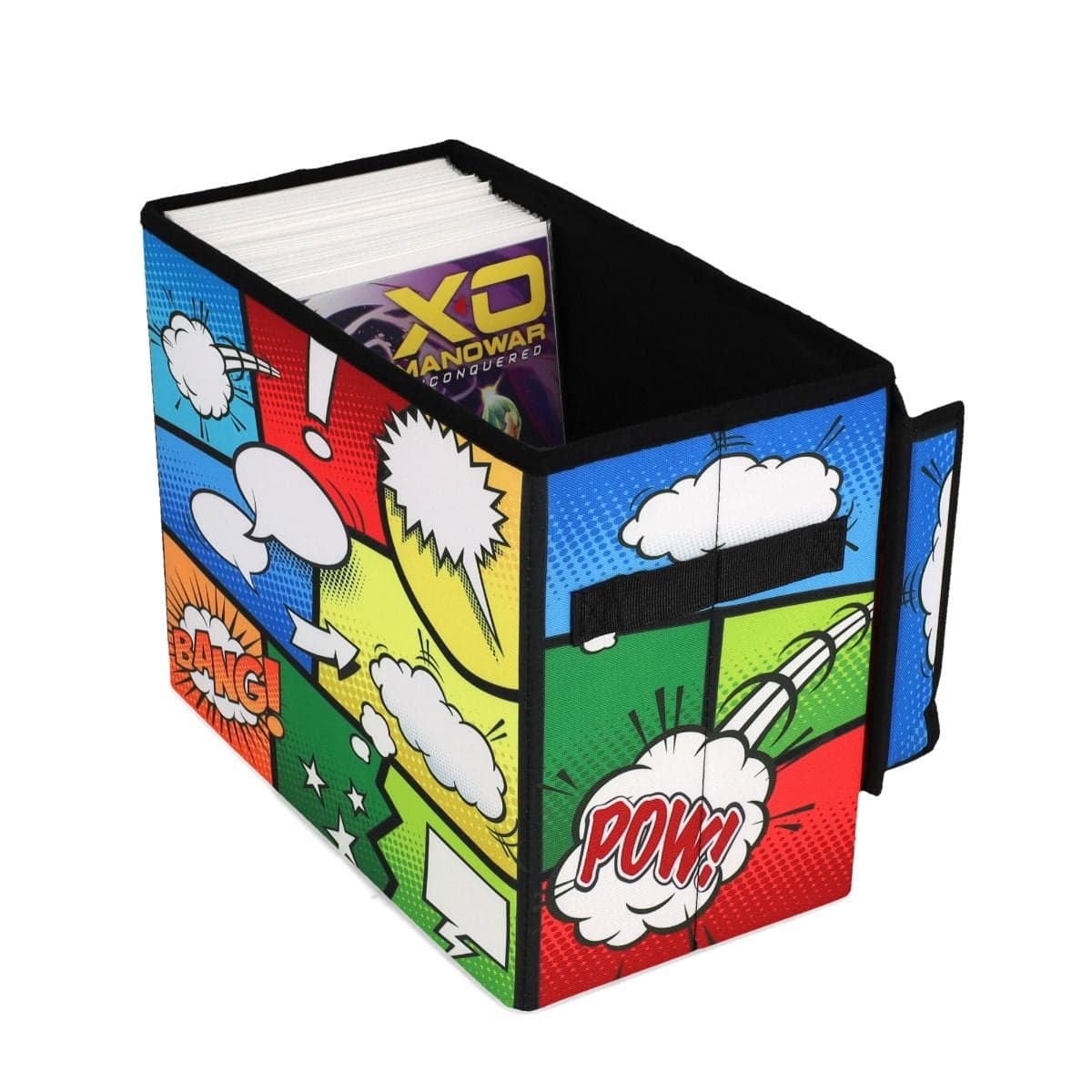 BCW Comic Book Foldaway. POW. angled, lid open, half full of comics, angle view