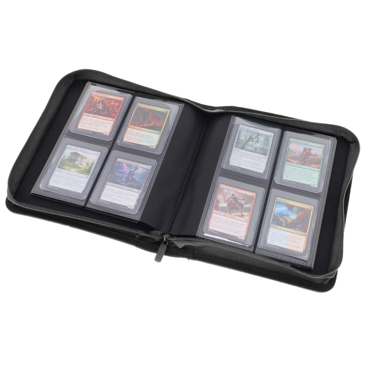 BCW Z-Folio 4-Pocket LX Album - Toploaders - Black opened, angled, full of magic cards in toploaders