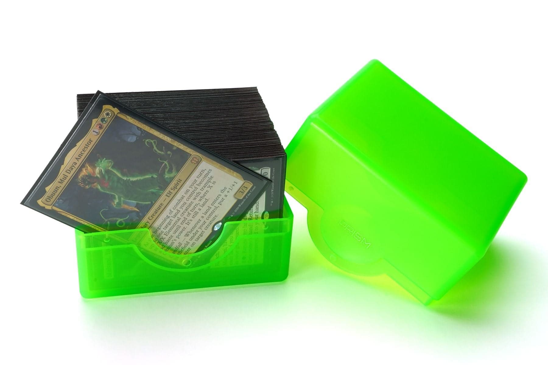 Spectrum Lime Green deck case with Magic the Gathering commander deck inside