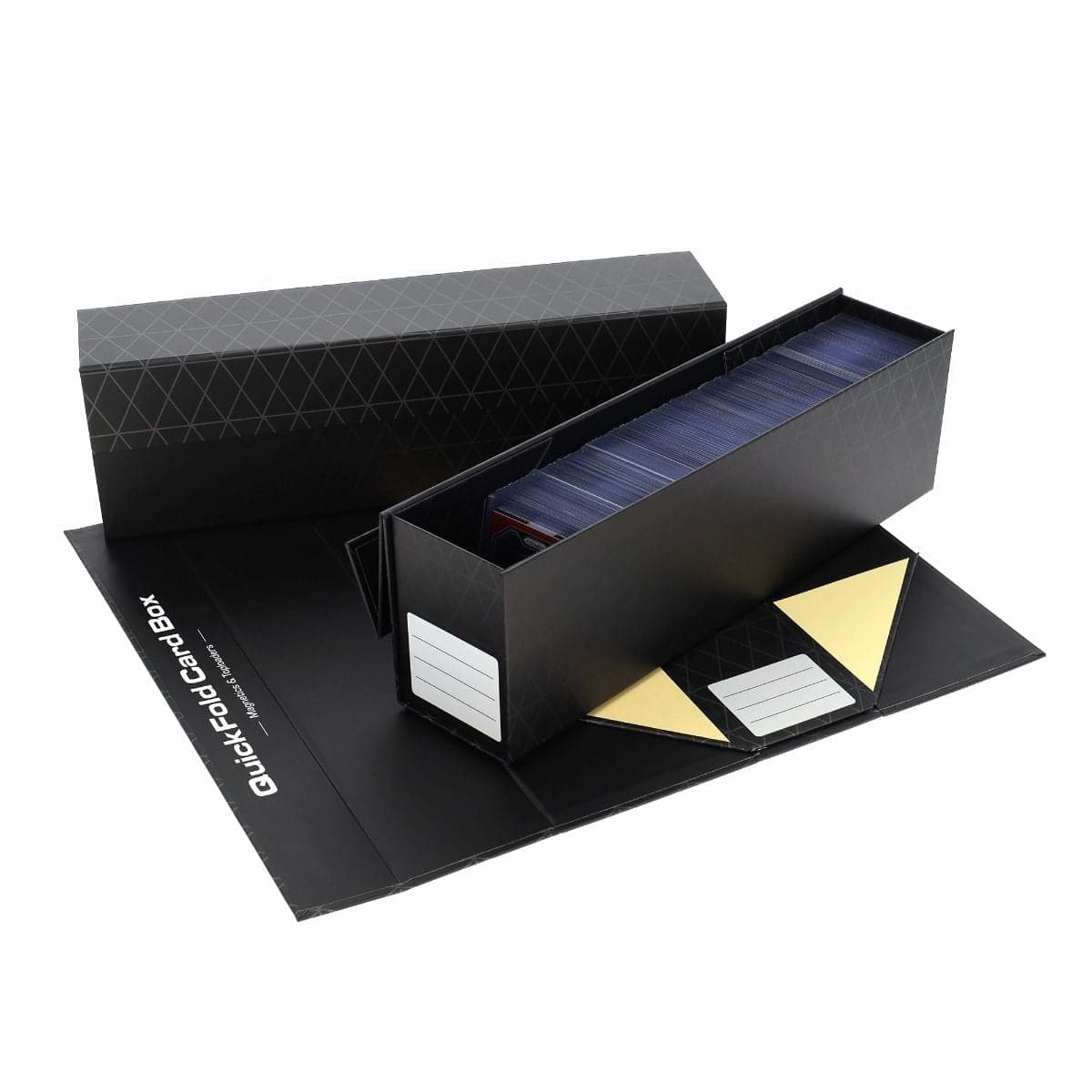 BCW Quick Fold Card Box. Magnetics and Toploaders. 14 inches. Black design. front label. magnetic lid. ships flat, folds and seals into box. 3 per pack. 3 stacked. one unfolded