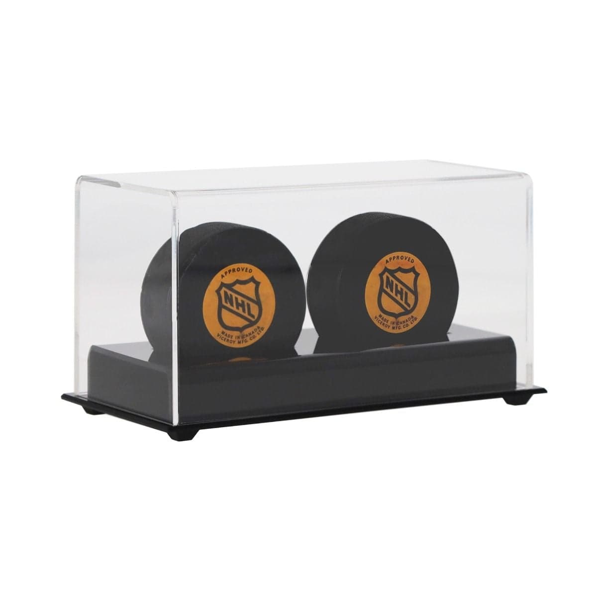 BCW Acrylic Double Hockey Puck Display with two pucks inside