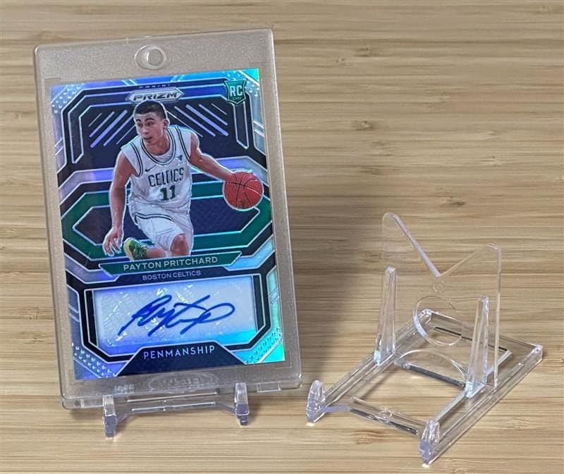 BCW 2-piece stand holding a Payton Pritchard basketball card group with an empty stand