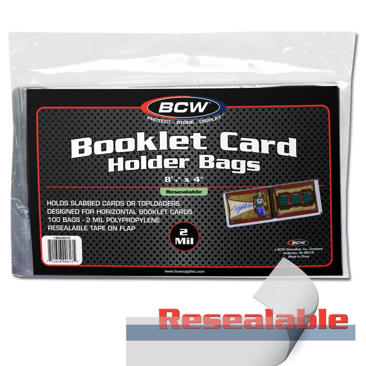 Resealable logo over pack of BCW resealable booklet card holder bags