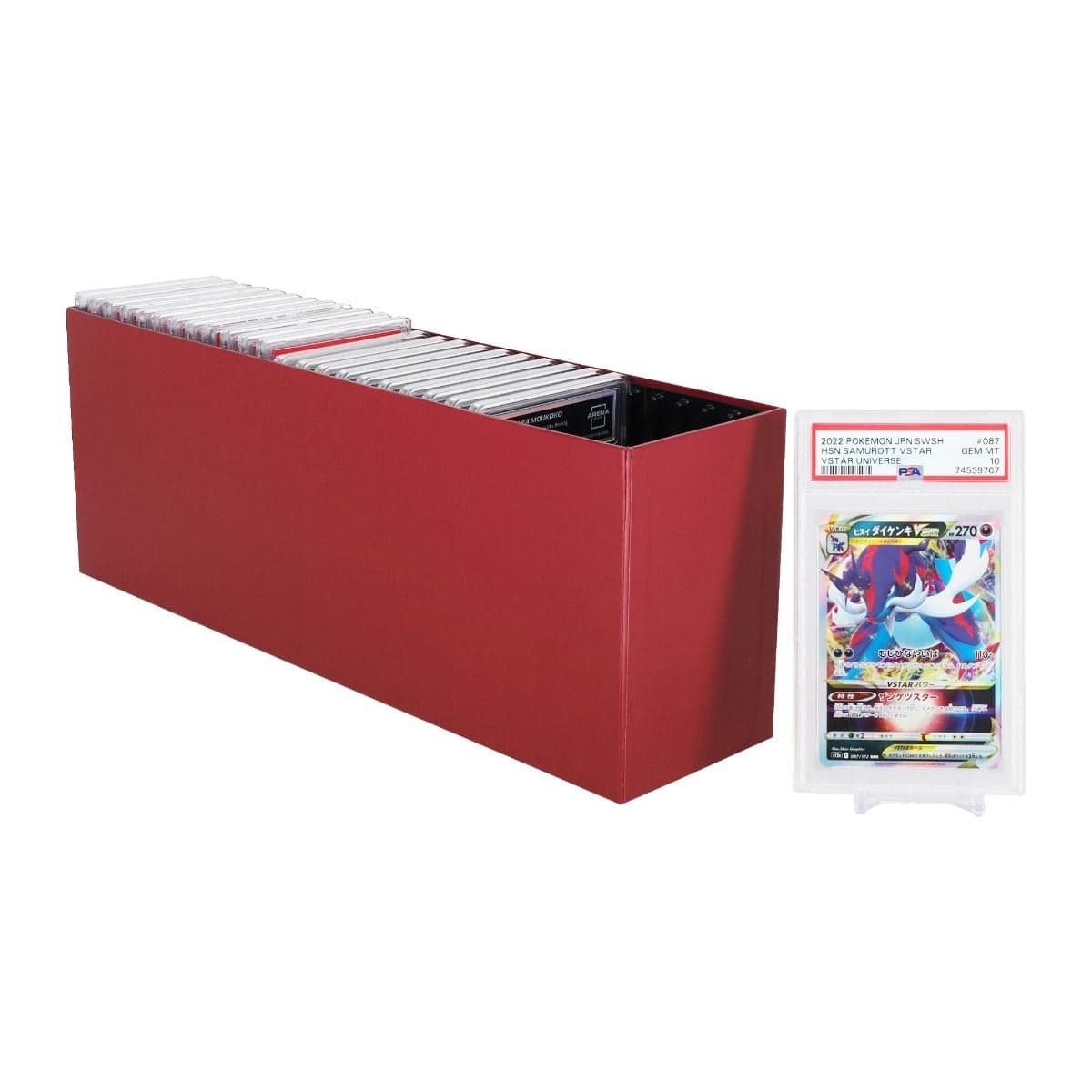 BCW burgundy slotted graded card storage box partially filled with PSA-graded trading card slabs, showing the slotted interior that keeps up to 26 graded cards organized and accessible. A PSA-graded Pokémon card on a display stand is shown beside the box