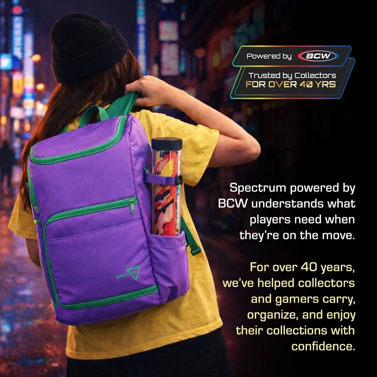 Spectrum Backpack Infographic showing young person wearing a gamma purple backpack on back, wearing back beanie hat and yellow T shirt, walking down a city street, grabbing a strap to adjust the bag. The bag contains a poster tube in the right side pocket