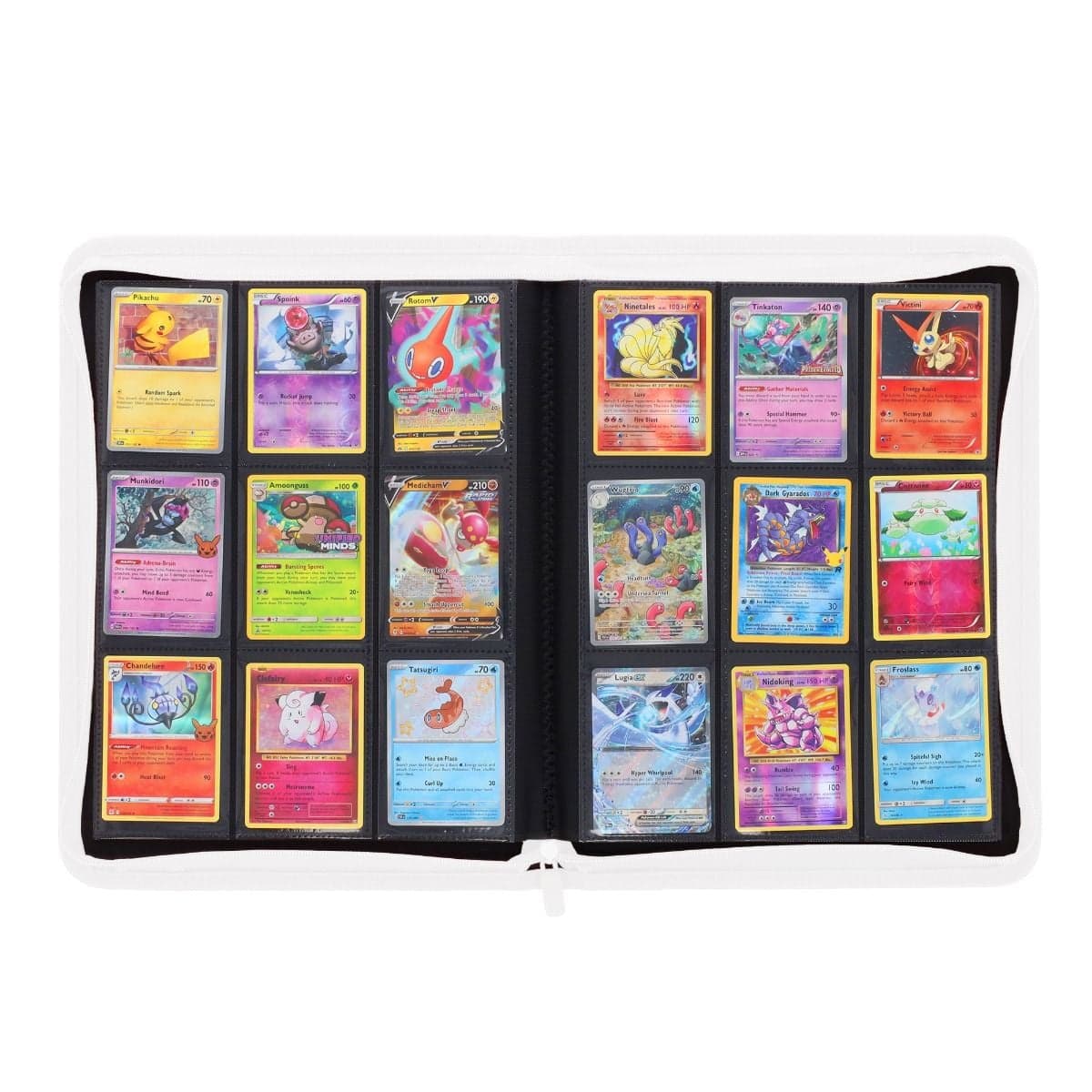 BCW Z-Folio 9-Pocket Album - White, opened revealing Pokemon cards being stored.
