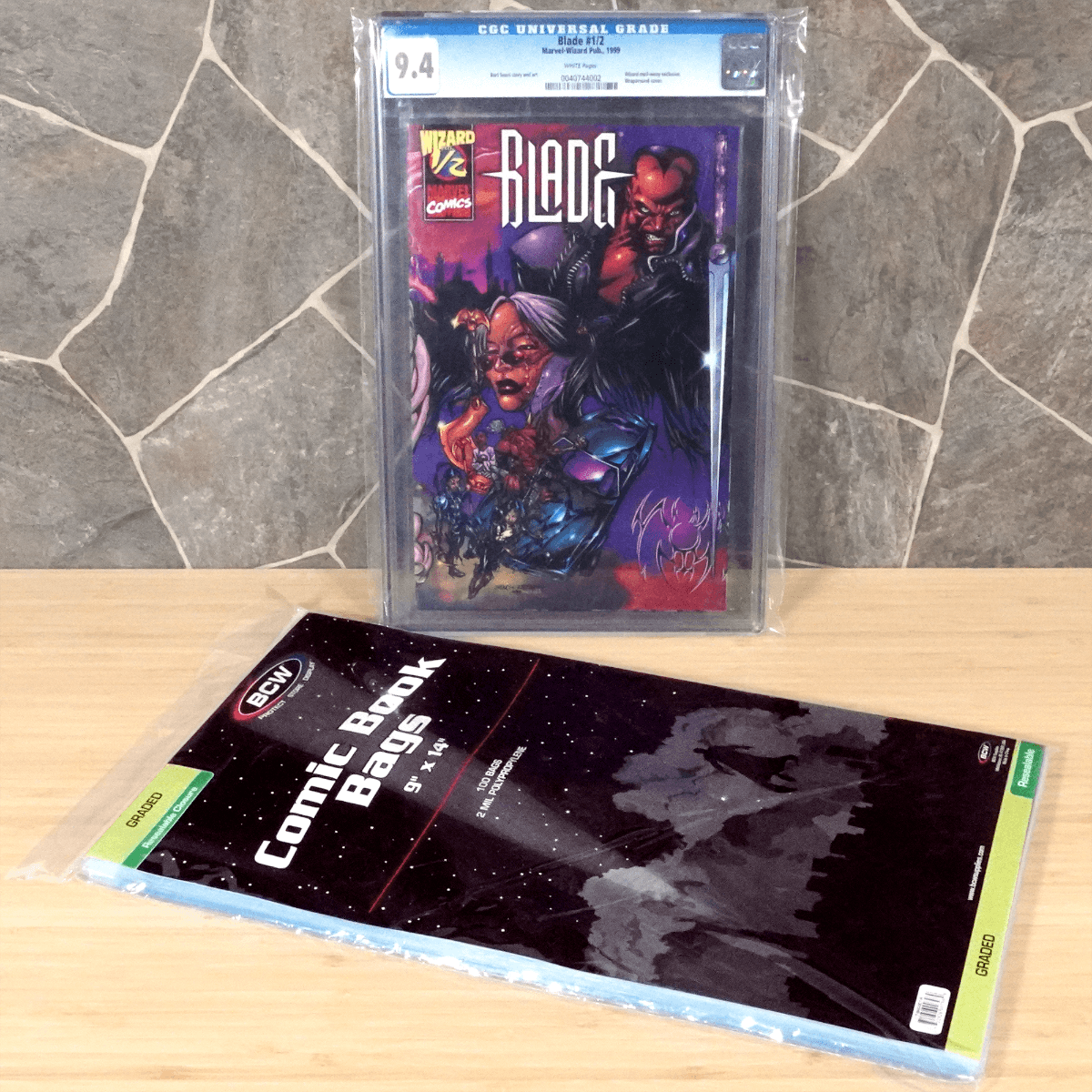 Package of BCW Resealable Graded Comic Bags with a graded comic book