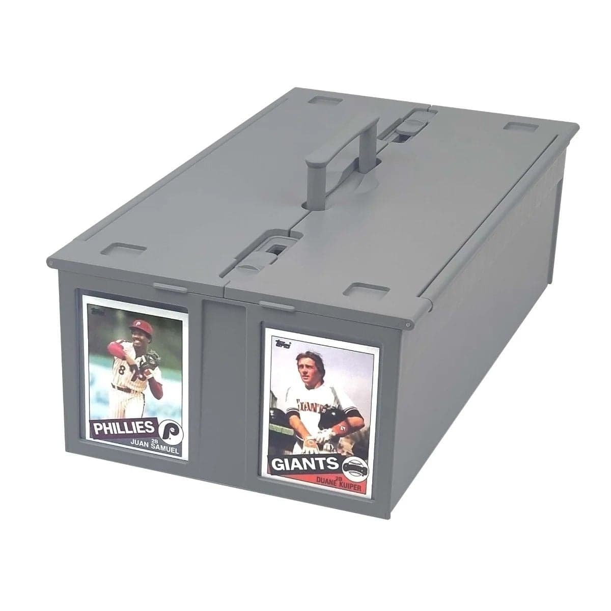 BCW 1600 count collectible card bin gray. Closed with sports cards in front display toploads