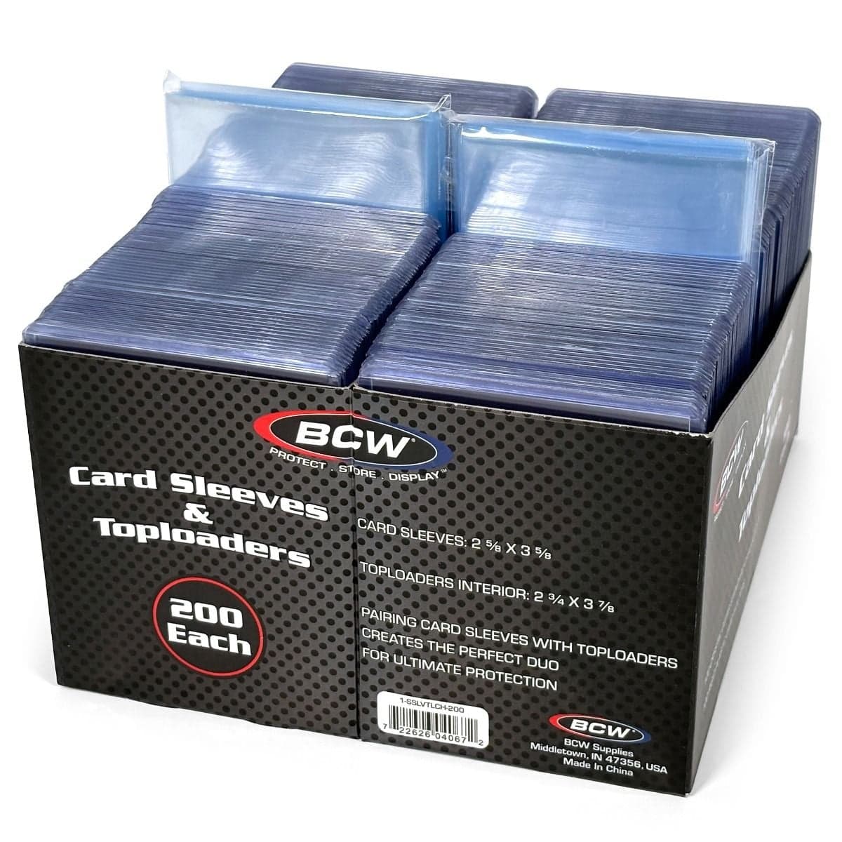 200 Count Card Sleeve and Toploader Combo Pack. sleeve packs sticking up out of packaging, back packaging view