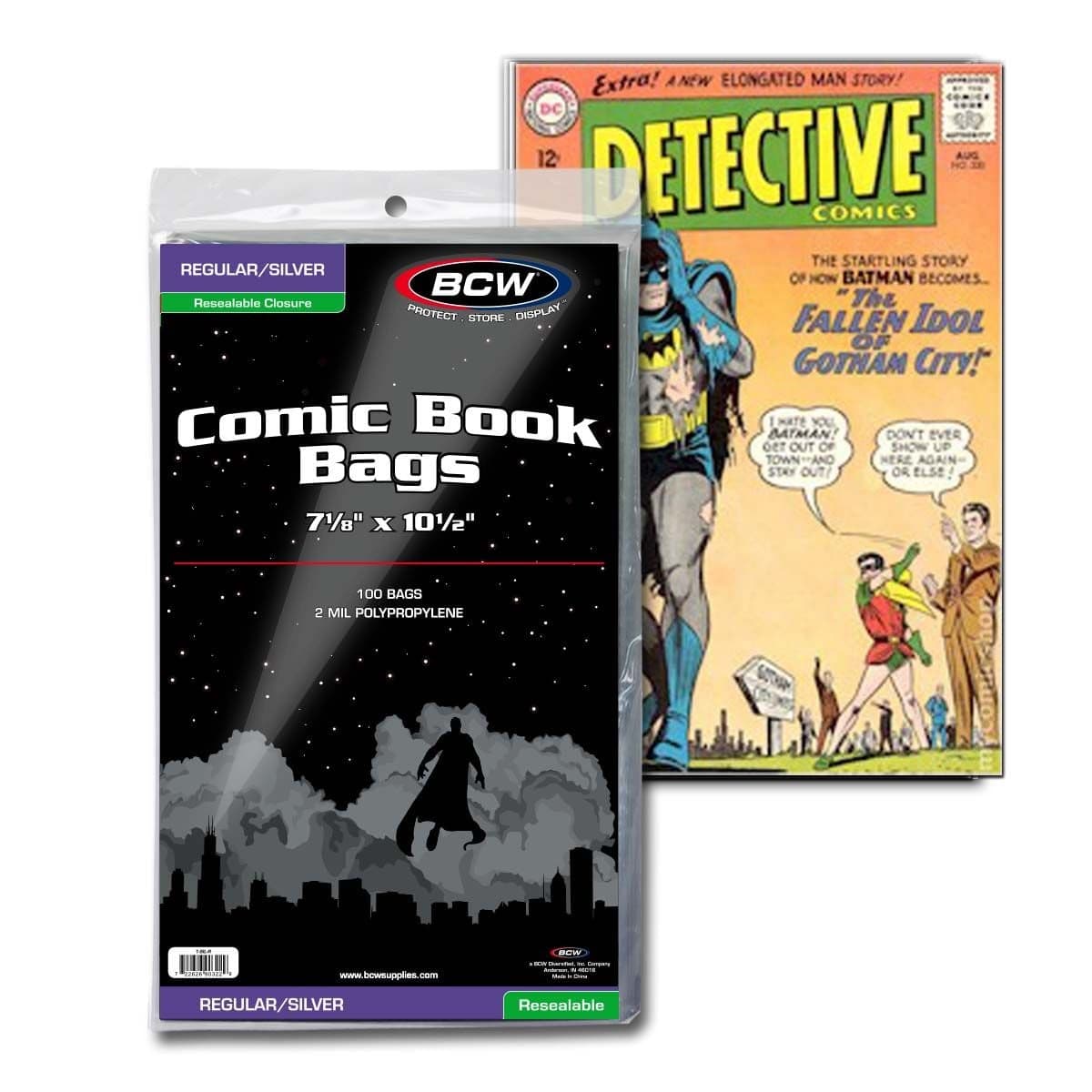 Package of BCW Resealable Silver Age Comic Book Bags with batman comic book bag and boarded