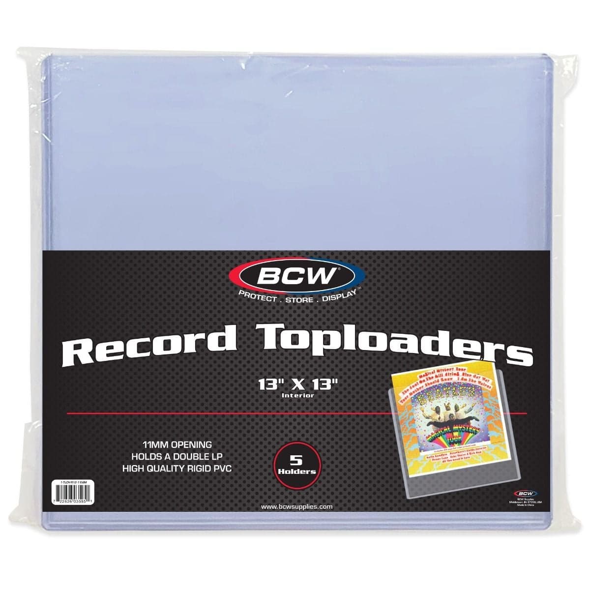 BCW 12 Inch Record TOploaders. 11mm opening, holds double LP. 5 holders per pack. packaging