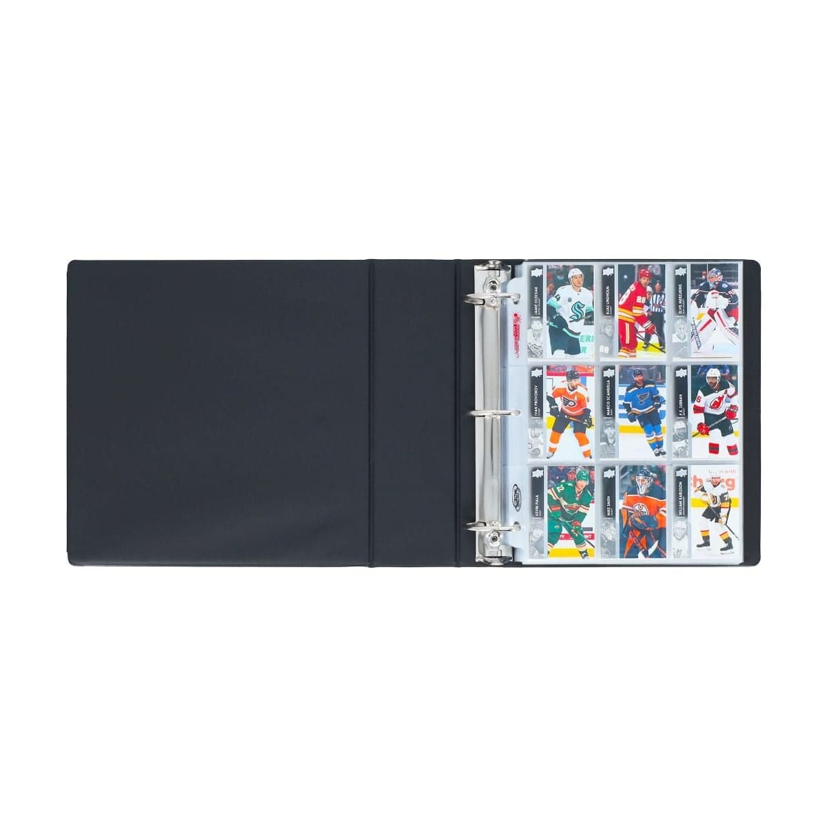 BCW 3 in. Album - Hockey - Black, opened, revealing hockey cards being stored within BCW Laserweld Pages.