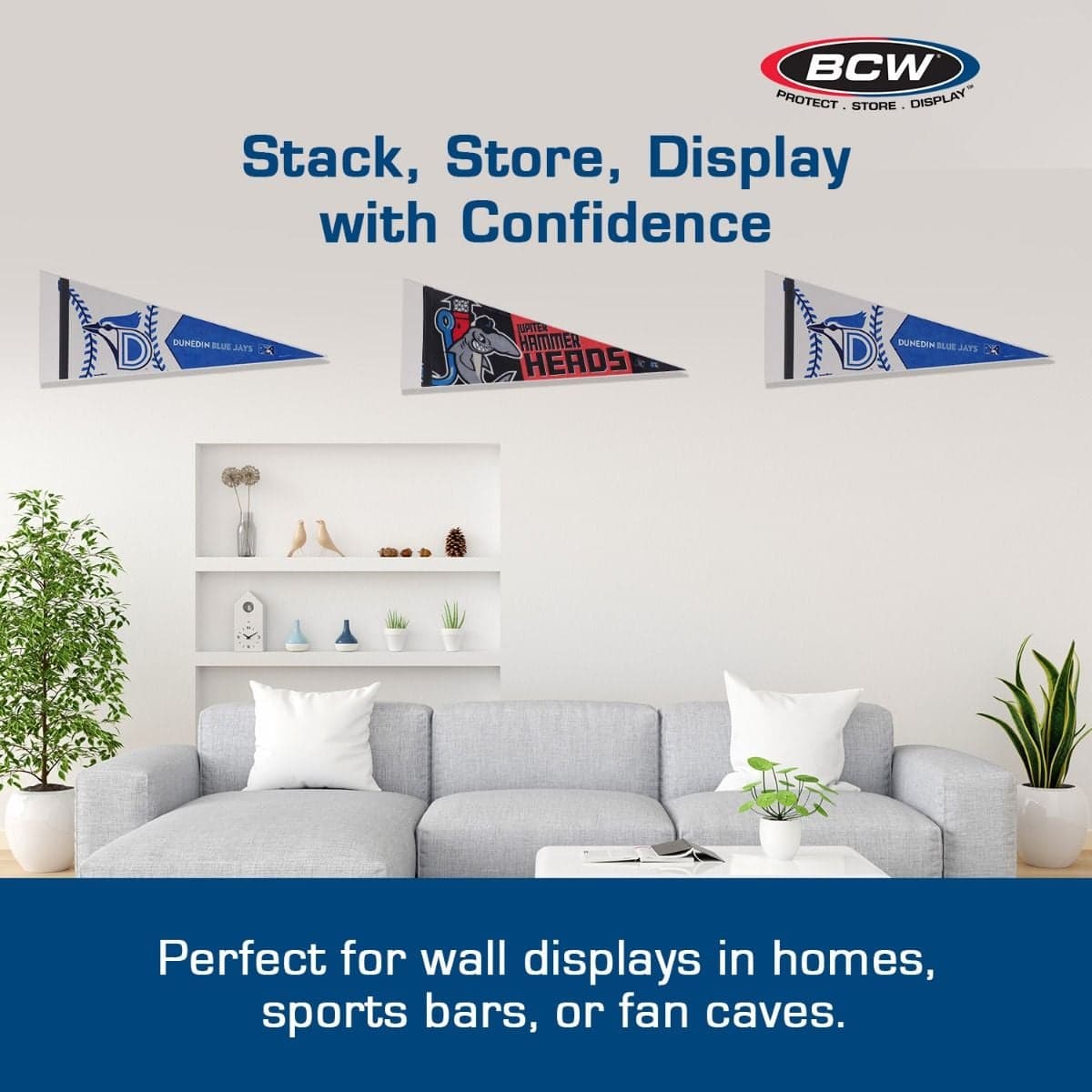 Infographic: Stack, Store Display with Confidence. Perfect for wall displays in homes, sports bars, or fan caves.