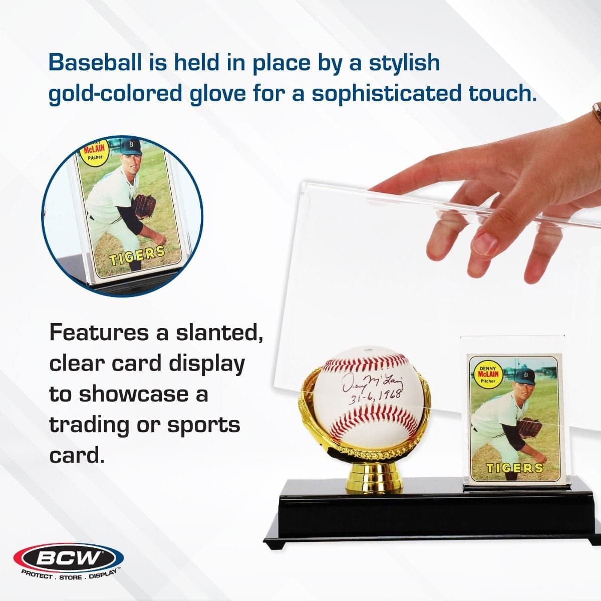 BCW Acrylic Gold Glove Ball and Card Display infographic, baseball is held in place by a stylish gold-colored glove for a sophisticated touch, features a slanted clear card display, to showcase a trading card