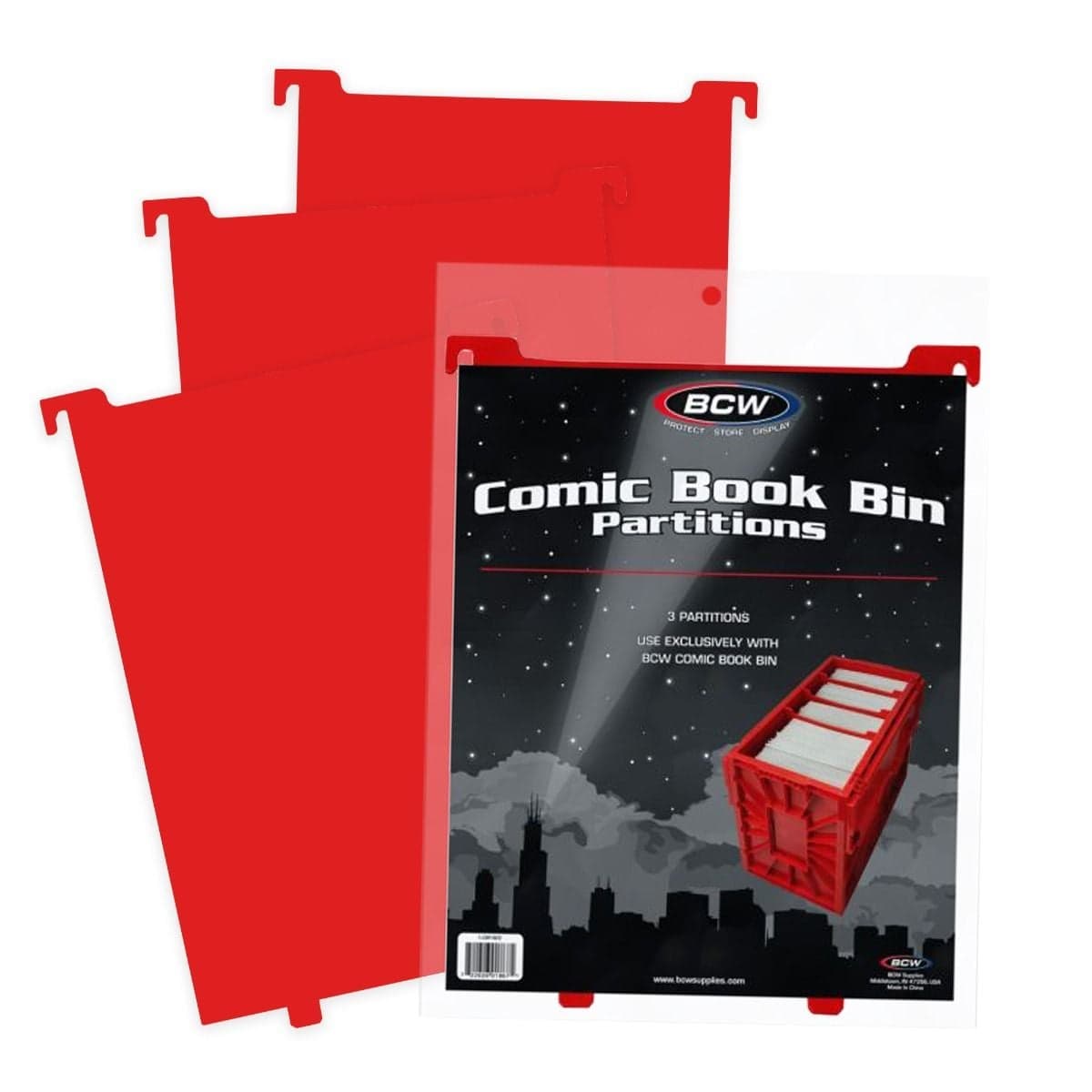BCW Comic Book Bin Partitions - Red packaging in front of 3 fanned out partitions, 3 per pack