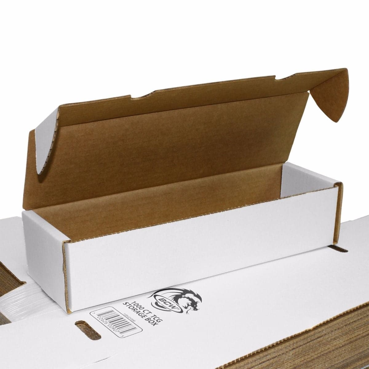 BCW 1000 count gaming storage box on top of bundle of 1000 count gaming storage boxes.