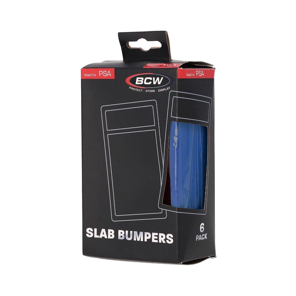A retail package of BCW slab bumpers sized for PSA cases is shown with a window revealing blue bumpers inside and labeled as a 6-pack.