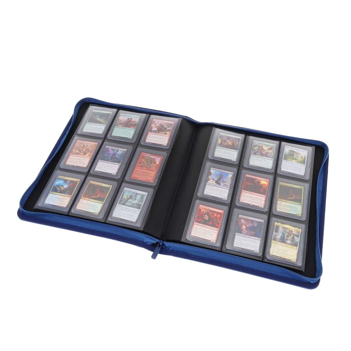 BCW Z-Folio 9-Pocket LX Album - Toploaders - Blue opened, angled, full of magic cards in toploaders