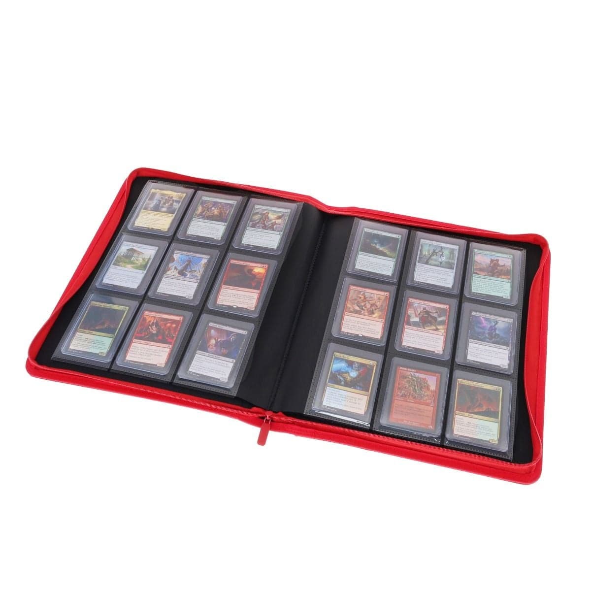 BCW Z-Folio 9-Pocket LX Album - Toploaders - Red opened, angled, full of magic cards in toploaders
