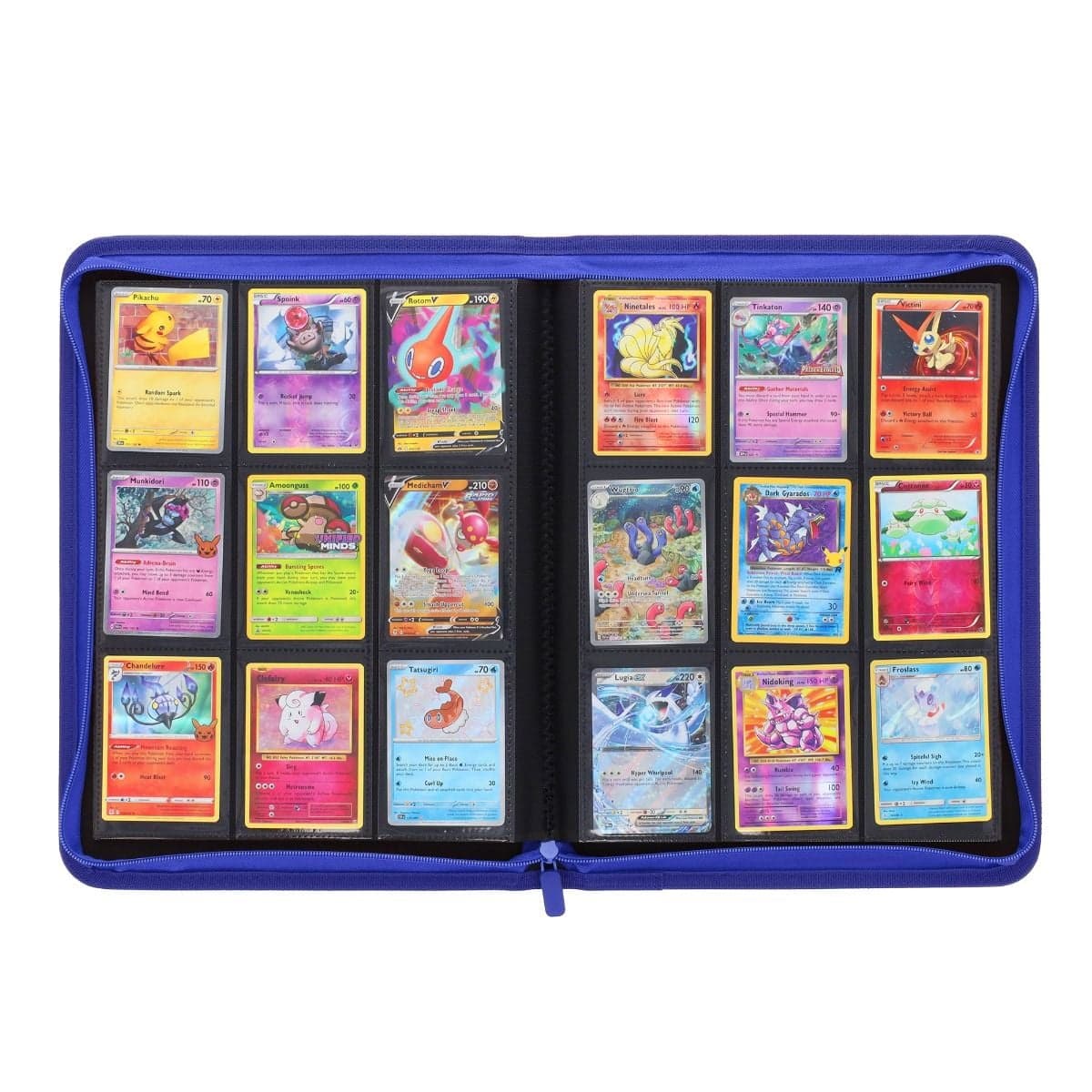 BCW Z-Folio 9-Pocket Album - Blue, inside view of middle fold of binder, full of pokemon cards to showcase it's storage capabilities