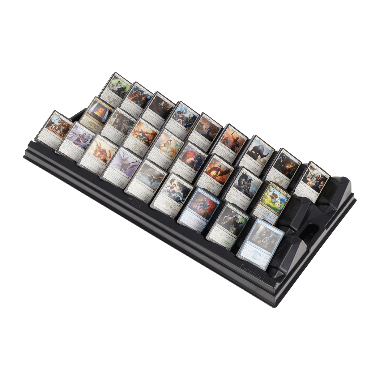BCW Safesort Card Tray, angled displayed with alphabetized magic cards sorted and on display