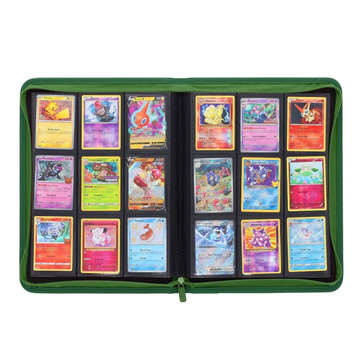 BCW Z-Folio 9-Pocket Album - Green, inside view of middle fold of binder, full of pokemon cards to showcase it's storage capabilities