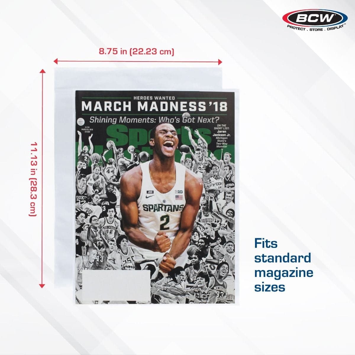 Infographic: BCW resealable magazine polypropylene bags measure 8.75 x 11.3 inches and are designed to fit standard magazine sizes for secure collectible storage.