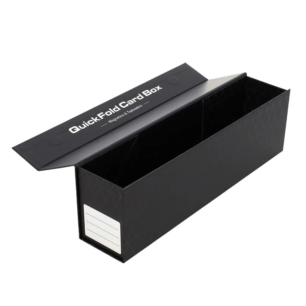 BCW Quick Fold Card Box. Magnetics and Toploaders. 14 inches. Black design. front label. magnetic lid. ships flat, folds and seals into box. 3 per pack. Open and empty