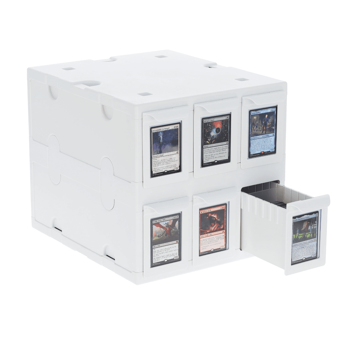 BCW 6 Drawer Card Catalog - White, angled with drawer open, showcasing magic the gathering cards