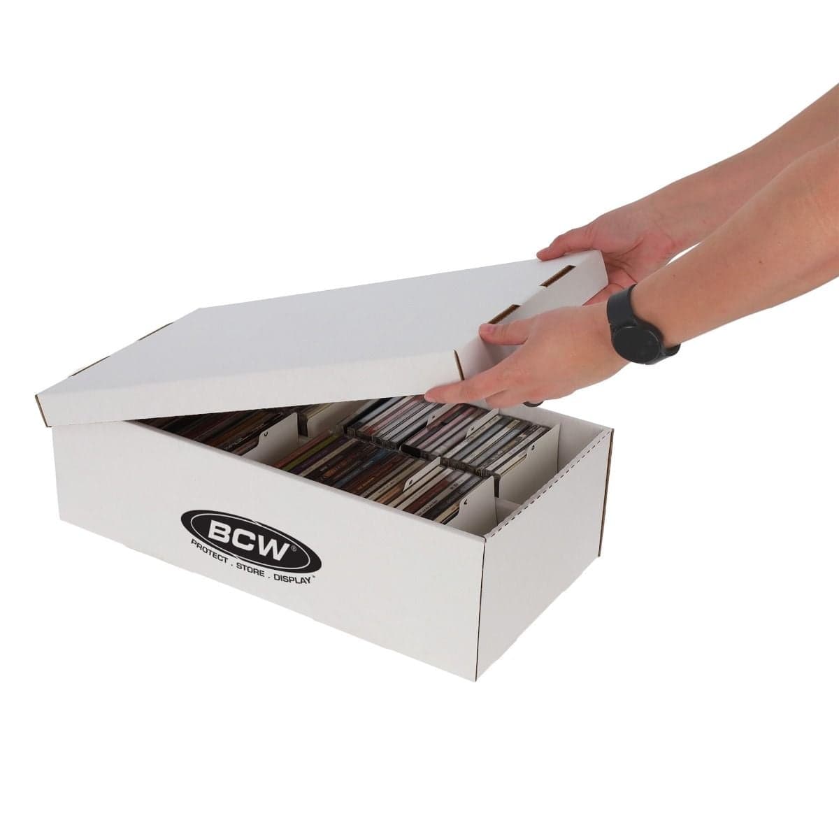 BCW CD Storage Box angled with hands lifting and removing lid.