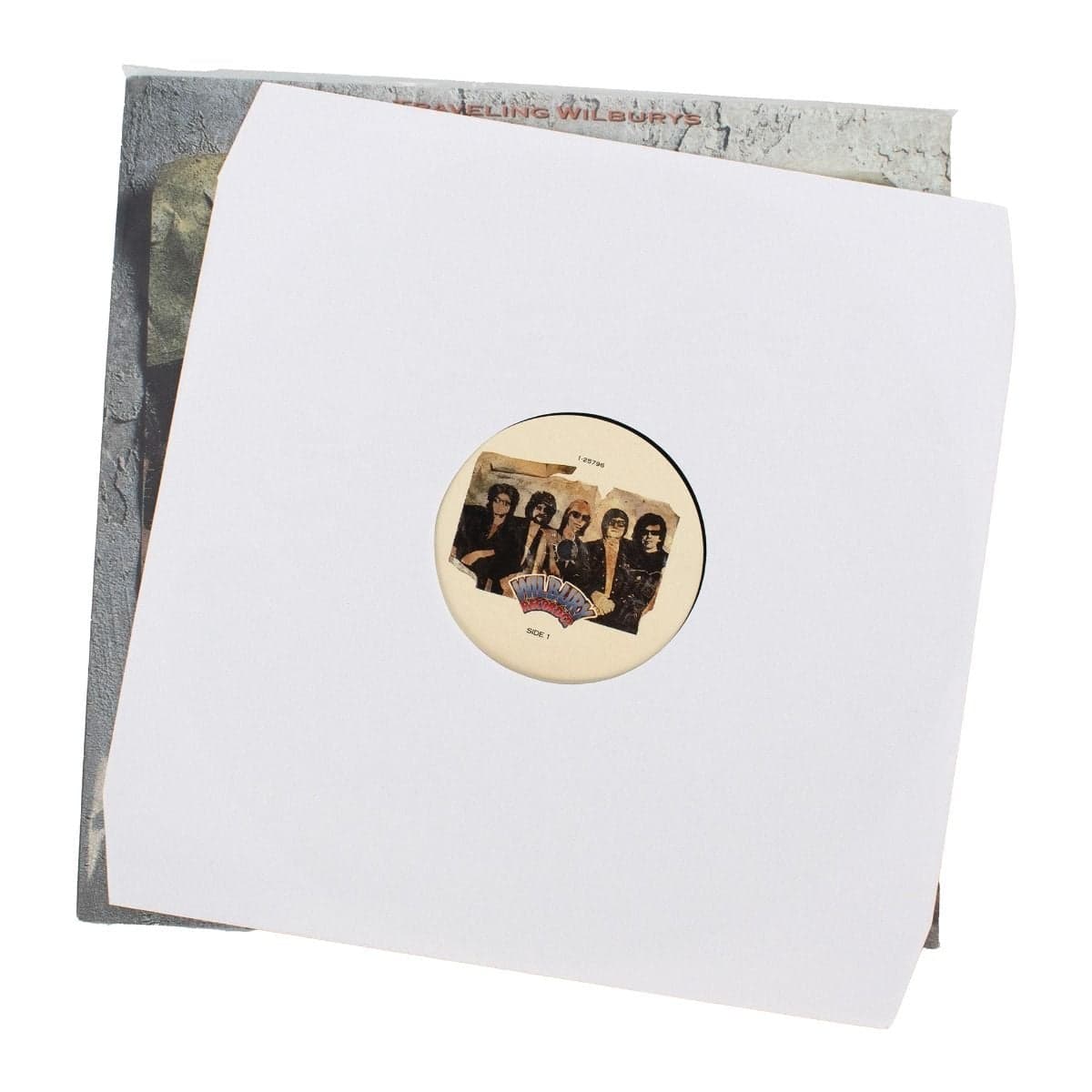 BCW 12 Inch Record Paper Inner Sleeve - Cut Corners - White, record inserting into the inner sleeve, laying on top of the LP cover