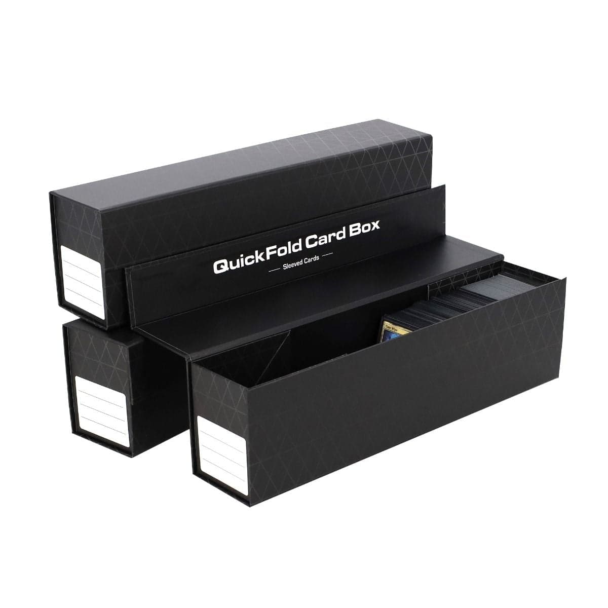 3 Pack QuickFold Card Boxes - Sleeved Cards. 2 folded, closed and stacked, one open with sleeved cards