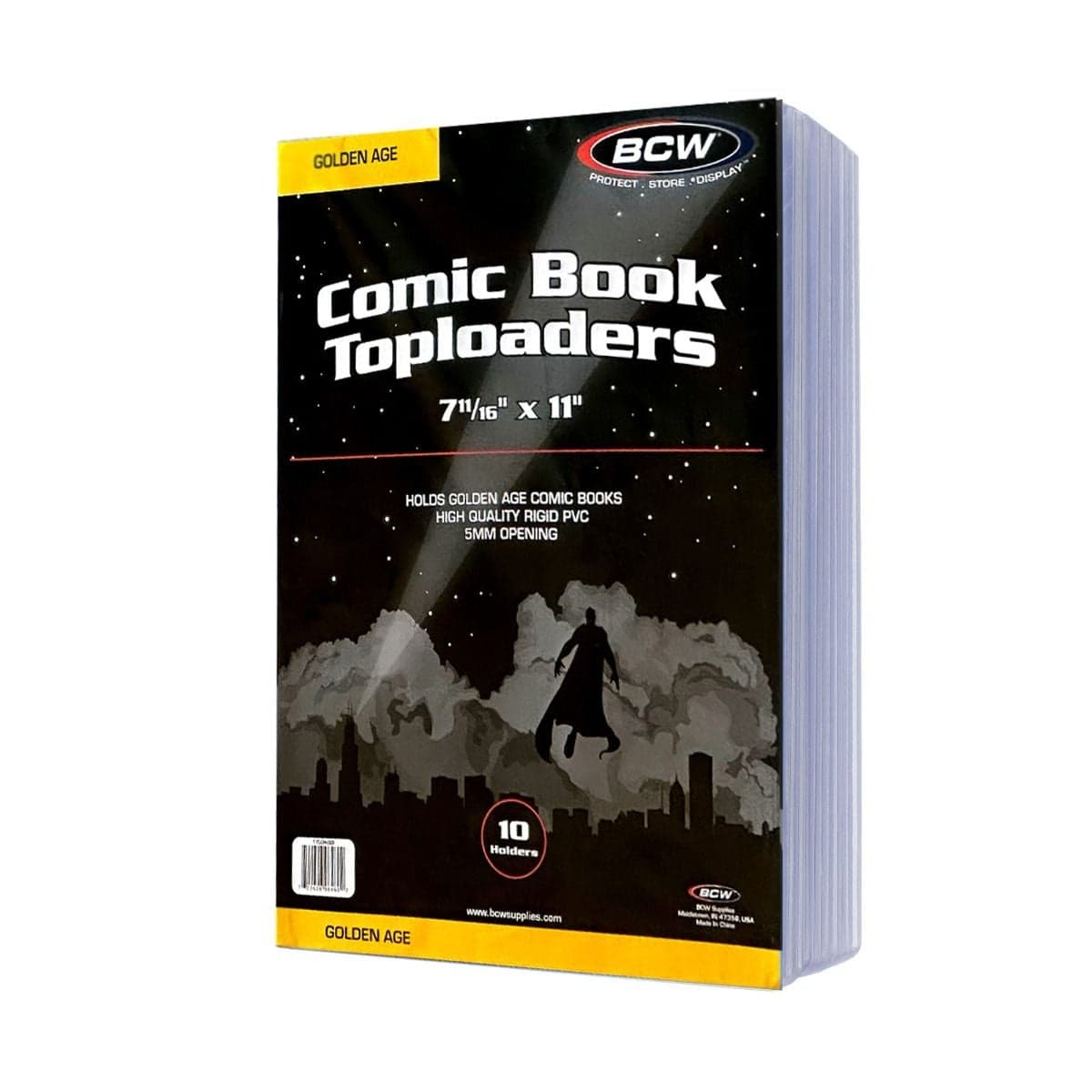 BCW Golden Age Comic Book Toploaders 10 holders per pack, packaging, angled view