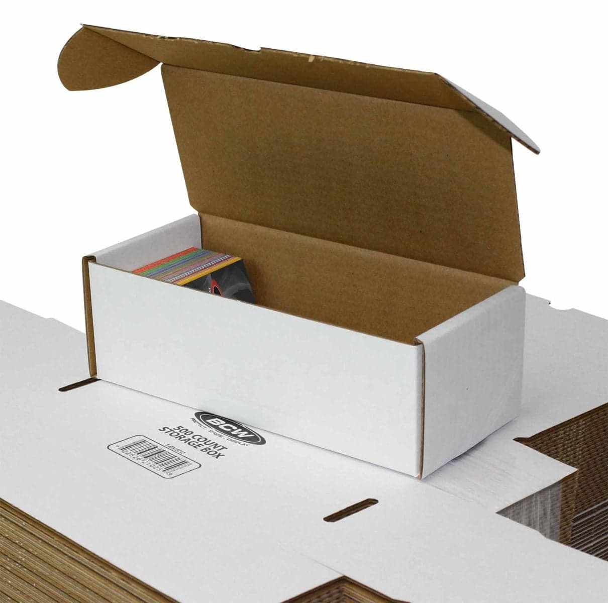 BCW 500 count box partially filled with cards over bundle of cards