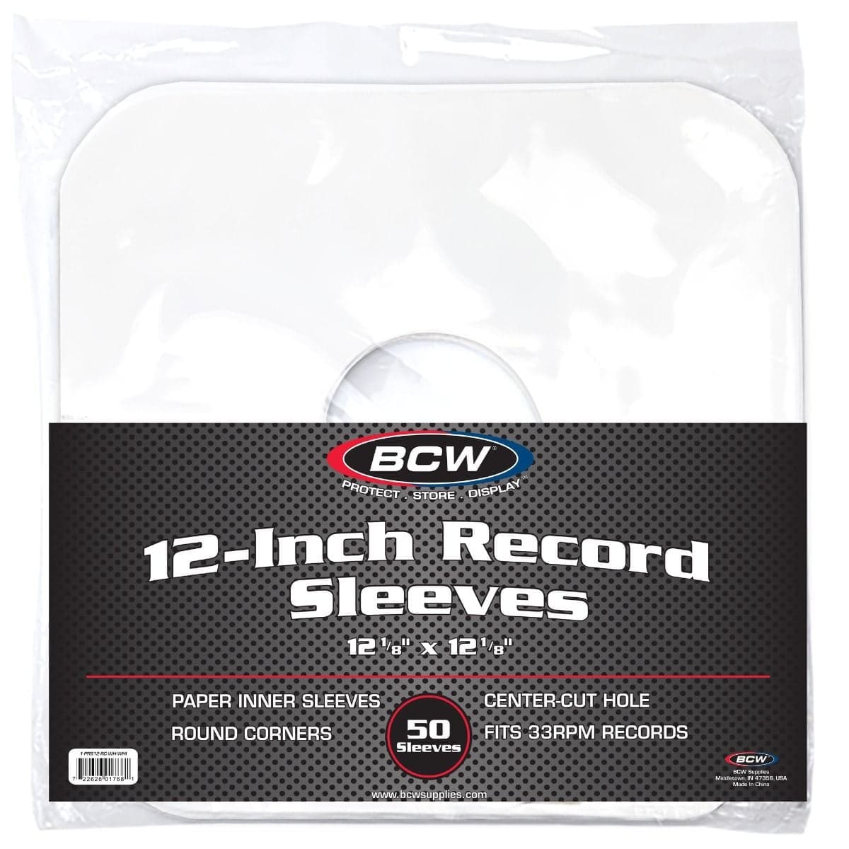 BCW 12 Inch Record Paper Inner Sleeves - Round Corners - With Hole - White, packaging, 50 sleeves per pack