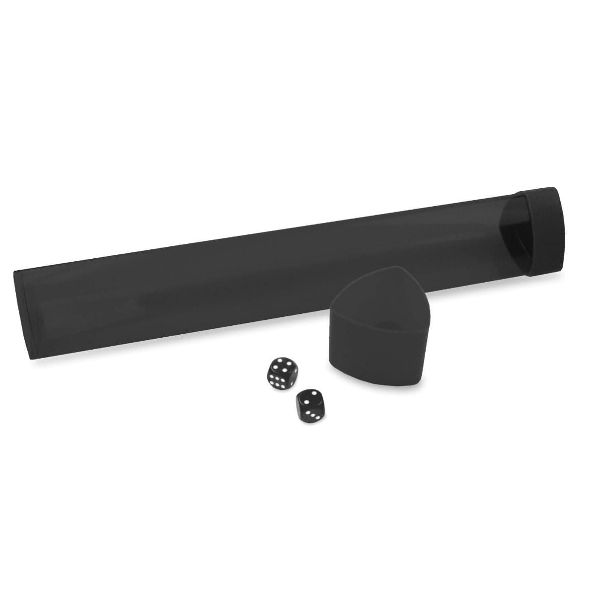 Opaque smoke-colored BCW Playmat tube with dice cap with pieces separated