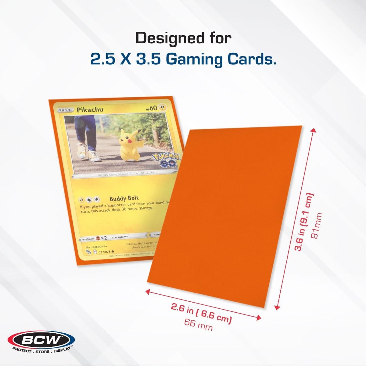 BCW Deck Guard - Double Matte - Orange infographic, specs and measurements, Designed for 2 1/2" x 3 1/2" Gaming Cards.