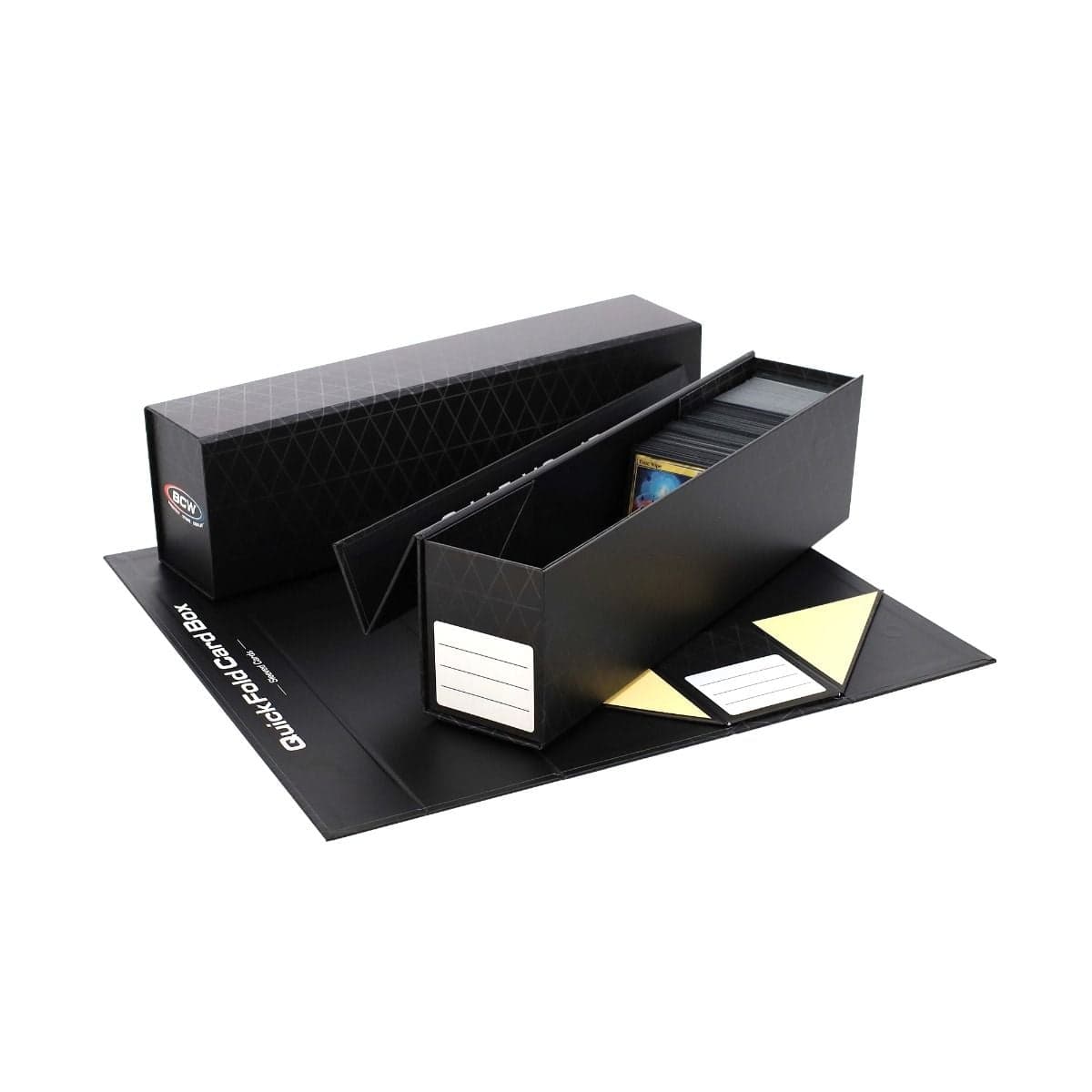 3 Pack QuickFold Card Boxes - Sleeved Cards group, one unfolded flat, one folded closed, and one folded with sleeved cards