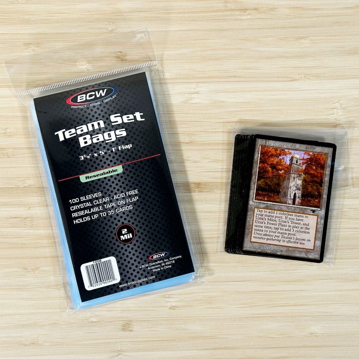 BCW Resealable Team Set Bag package with bagged cards displayed next to it on table