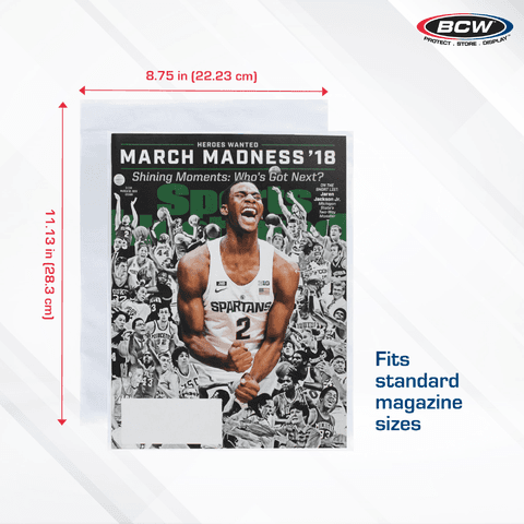 Infographic: BCW magazine polypropylene bags measure 8.75 x 11.3 inches and are designed to fit standard magazine sizes for secure collectible protection.