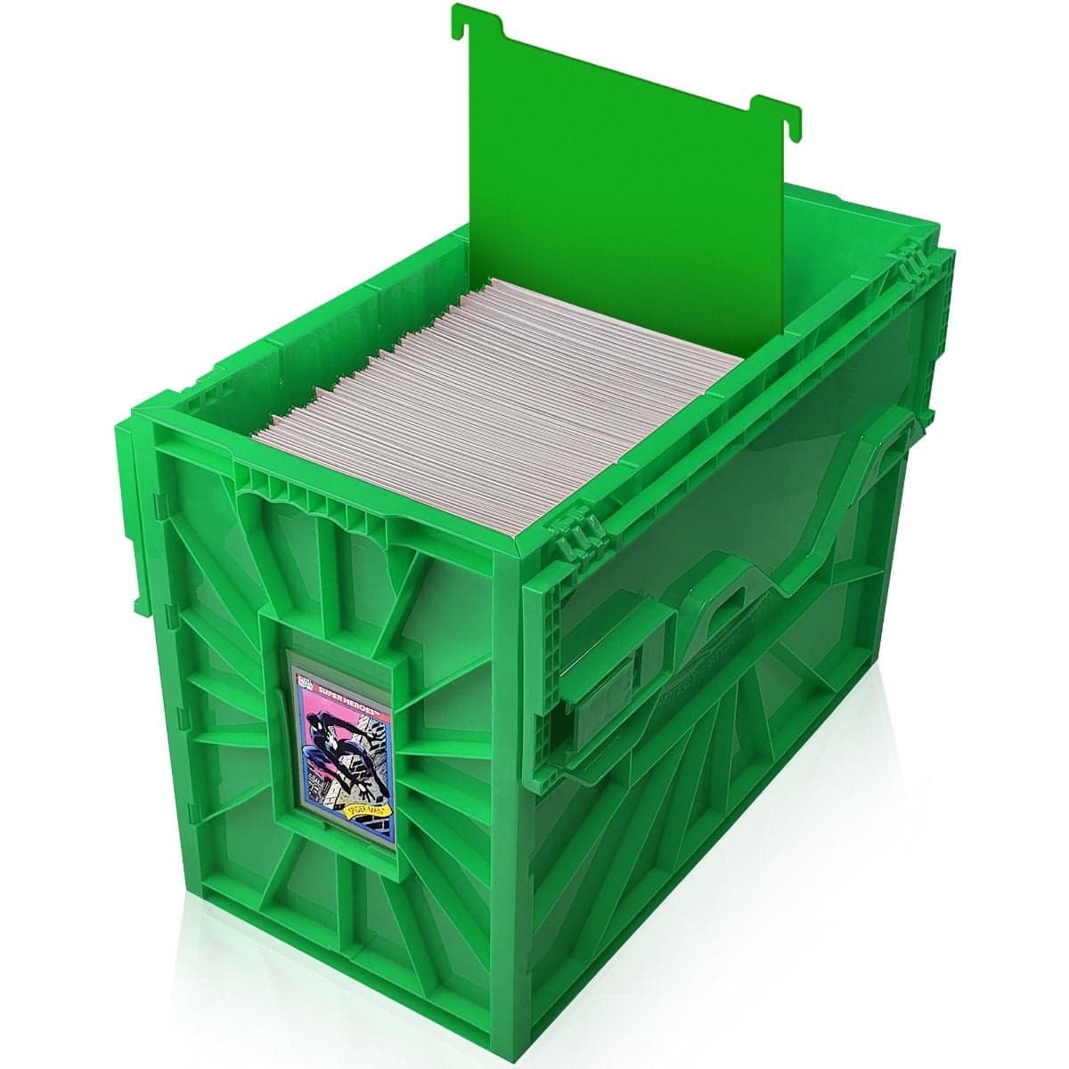 Open BCW comic book short bin with comics, lid up