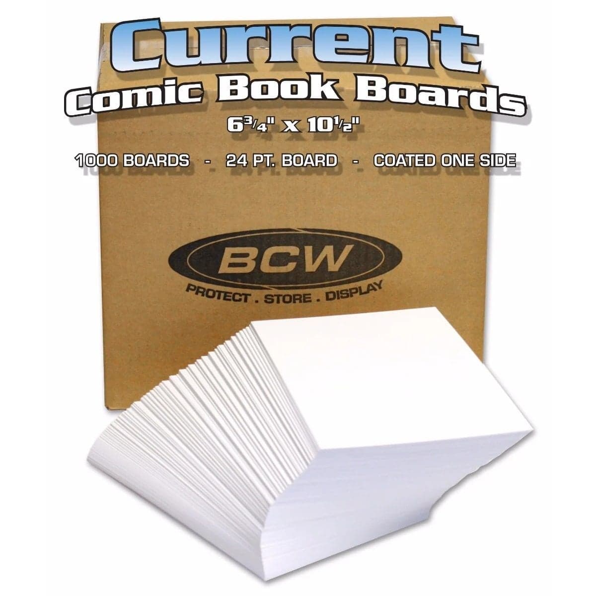 Stack of BCW Current Comic Boards in front of a cardboard box, superimposed text "Current Comic Book Boards 6 3/4" by 10 1/2", 1000 boards, 24 point board, coated on one side"