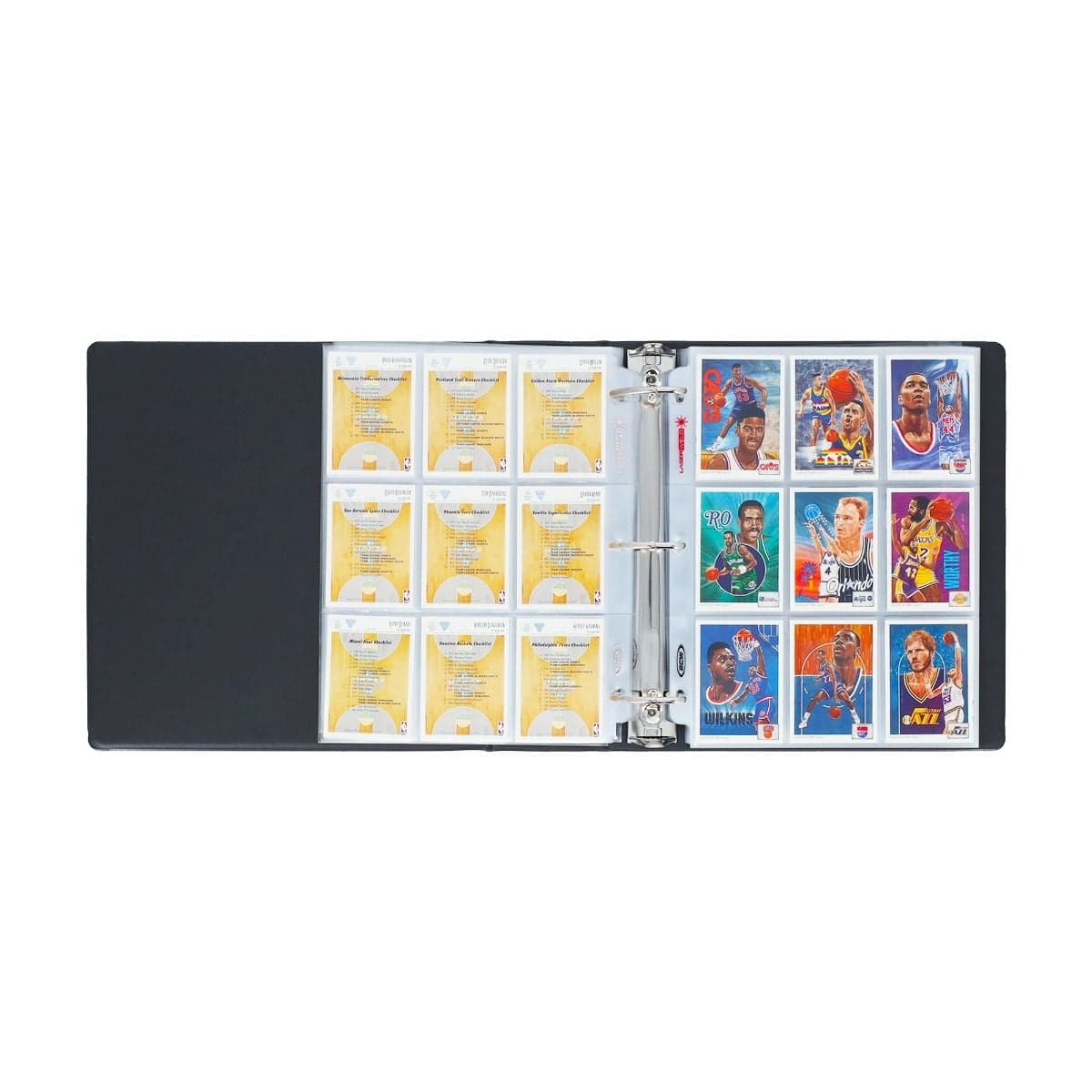 BCW 3 in. Album - Basketball - Black, opened, revealing stored basketball cards.