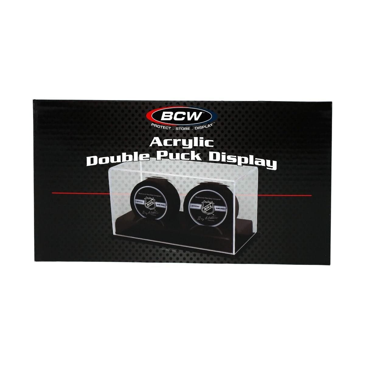 BCW Acrylic Double Hockey Puck Display with two pucks inside packaging front