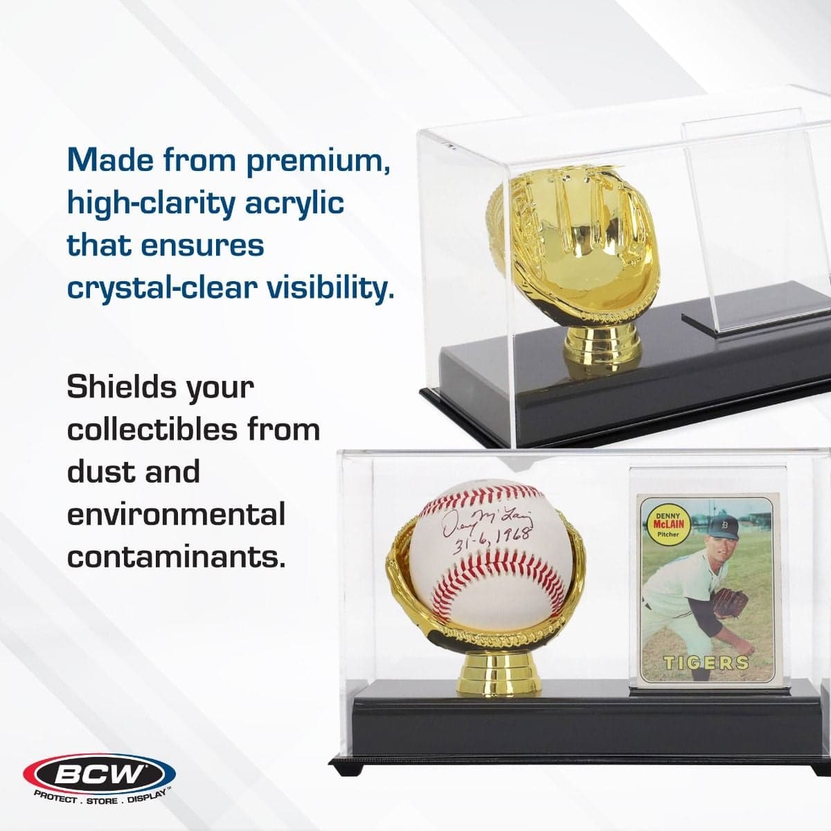 BCW Acrylic Gold Glove Ball and Card Display infographic, materials