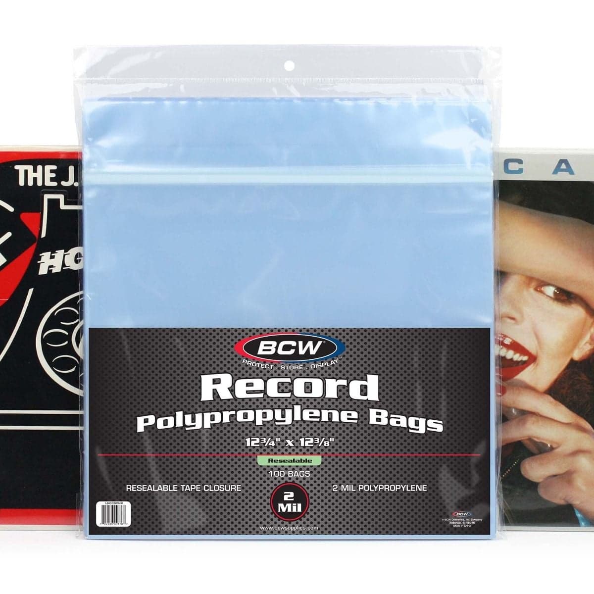 Package of BCW Resealable 33 RPM Record Bags on top of two records in bags