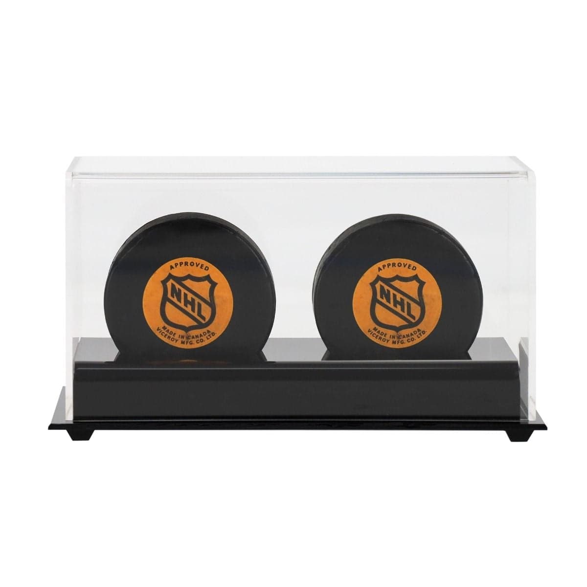 BCW Acrylic Double Hockey Puck Display with two pucks inside front