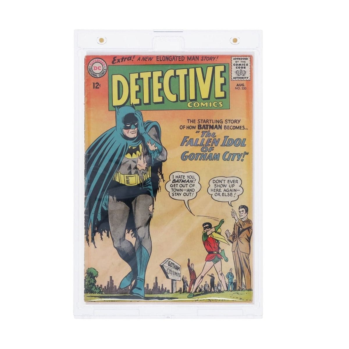 BCW Magnetic Comic Book Holder - Silver, holding a Detective Comics comic