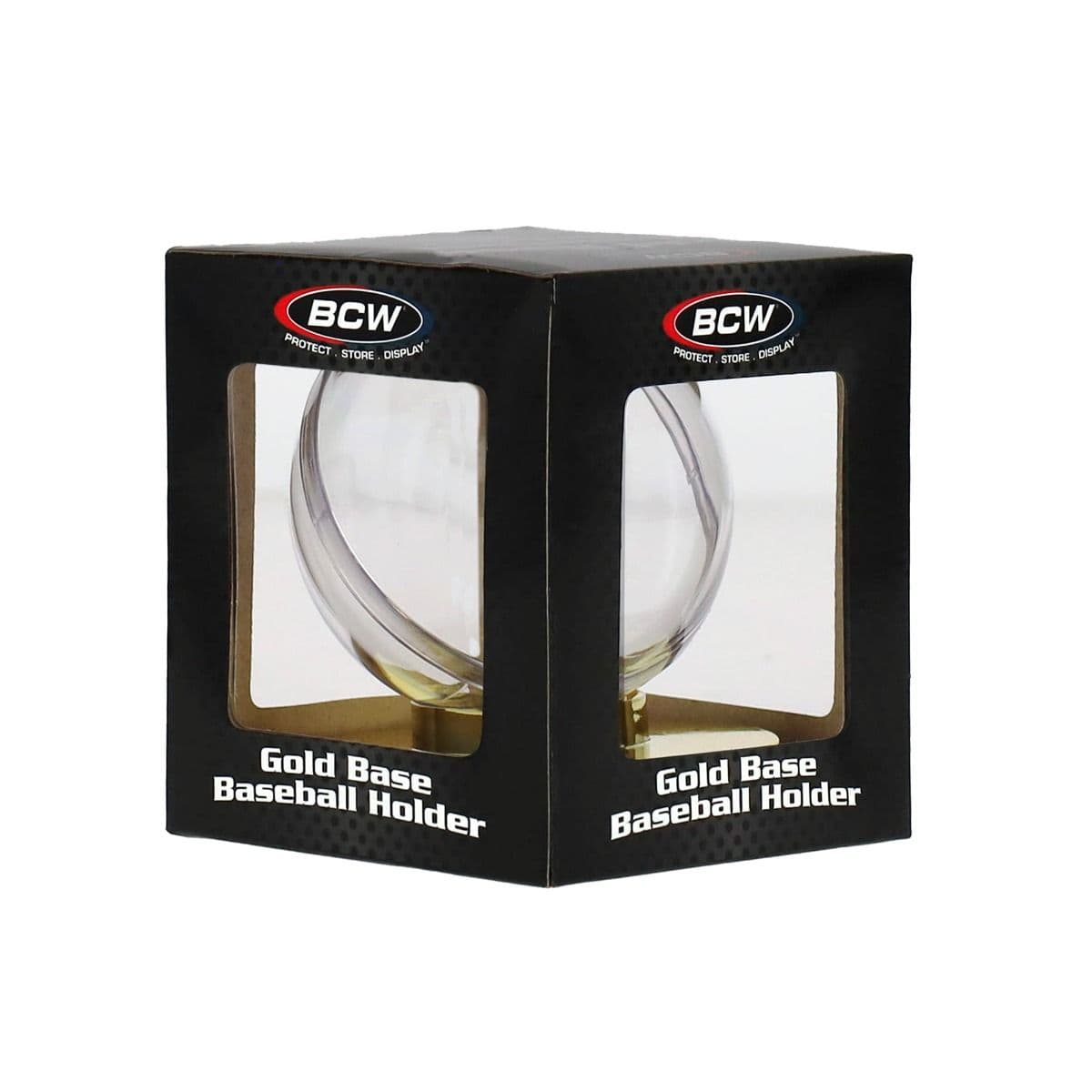 BCW Gold Base Baseball Holder with baseball inside packaging angle